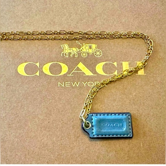 COACH Blue Leather Hang Tag on 18K/0.925 Necklace, EUC - Picture 1 of 3